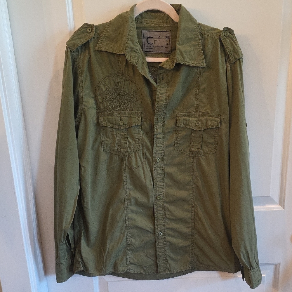 Cr2 we+ar the Revolution Green Embroidered Men's Button-up Shirt Size Medium